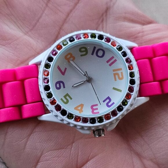 Accessories - Multi Color Crystals Accent Bezel Wristwatch Pink Rubber Strap Analog Watch